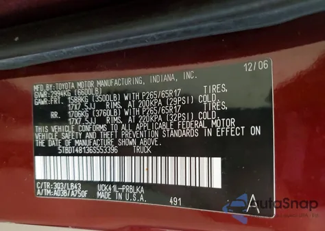 2006 Toyota Tundra Limited from USA, damaged, VIN 5TBDT48136S553396